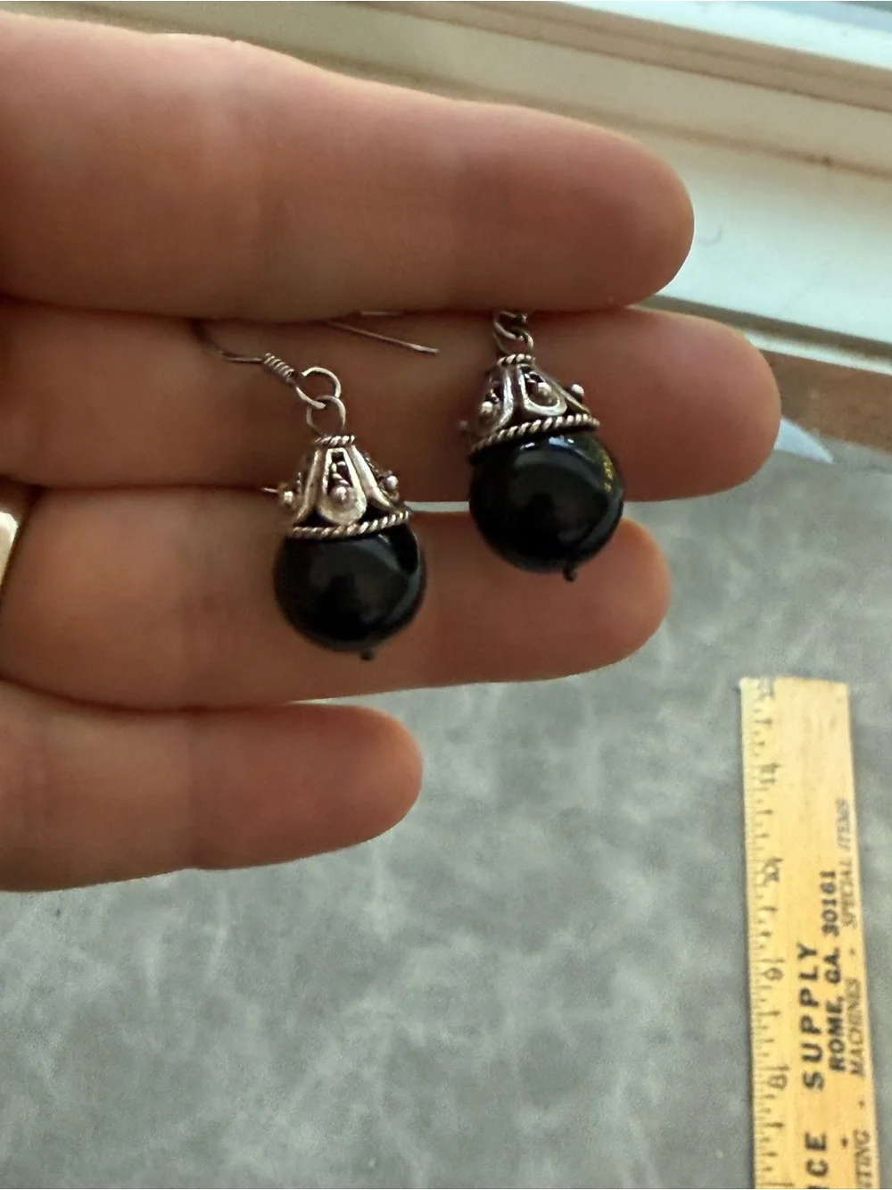 Vintage Black Bead Drop Earrings with Silver Accents
